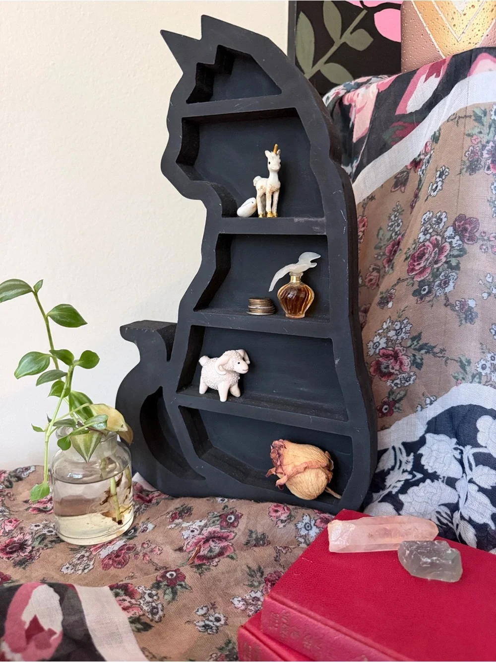 Black Cat Wooden Display Shelf Trinket Organizer Freestanding